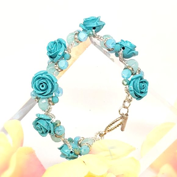 Turquoise Ice & Roses 3pc Jewelry Set,  Sterling Silver w/Glass & Crystal Beads - Picture 3 of 15